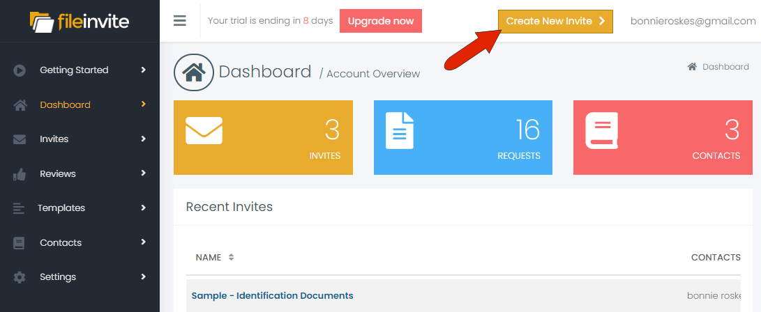 Dashboard Create Invite Button