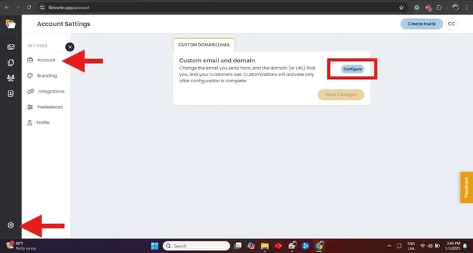 Navigate to Settings (gear icon in bottom-left), then select Account, and click Configure under Custom Domain/Email