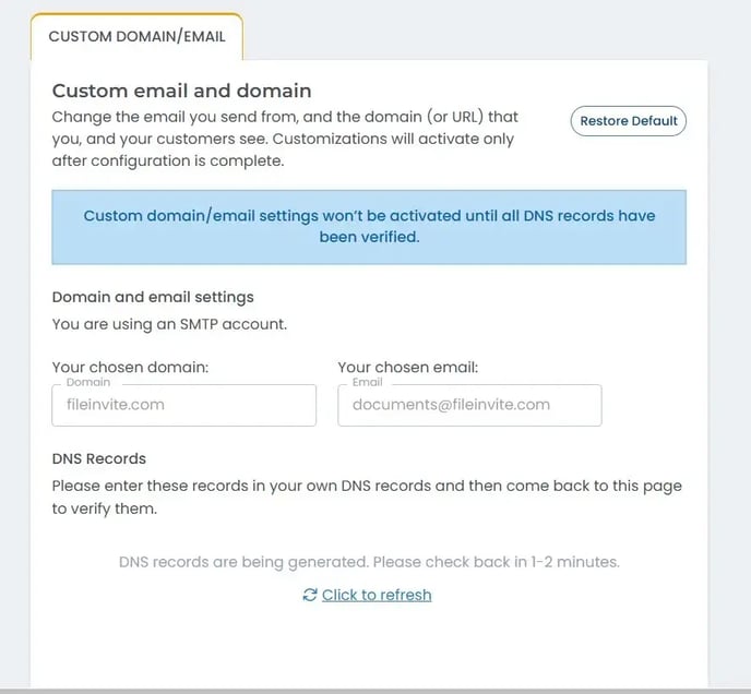 Custom Domain/Email configuration page showing DNS verification status