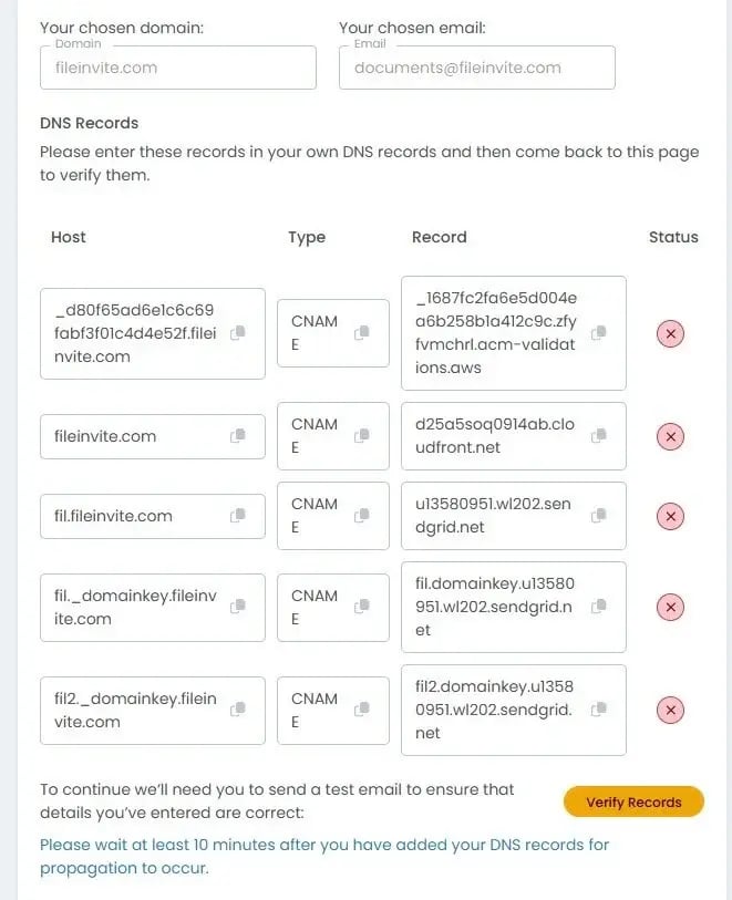 DNS records table showing Host, Type, Record values, and Status columns with multiple CNAME entries