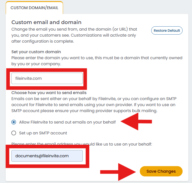 Enter your custom domain and choose email sending method
