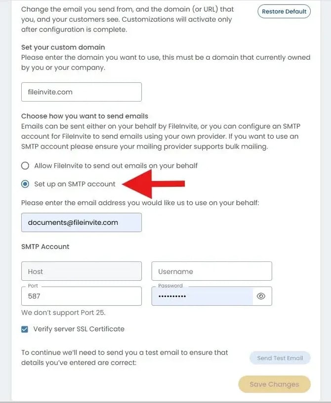 SMTP account configuration fields including Host, Port, Username, and Password