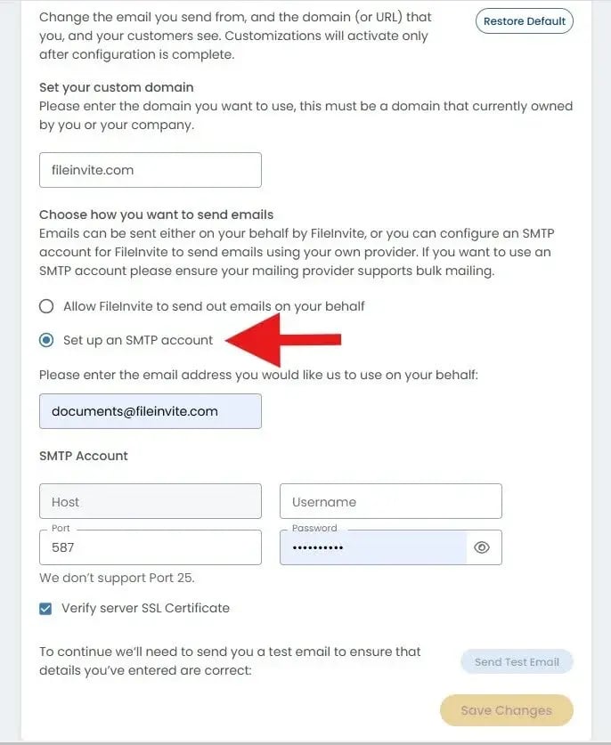 SMTP account configuration fields including Host, Port, Username, and Password